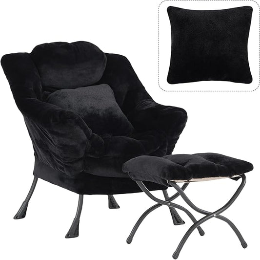 Lazy Chair with Ottoman, Large Black Accent Chair with Ottoman and FA Throw Pillow, Comfy Plush Reading Chair for Living Room Bedroom Dorm Room Office Apartment Relaxing Use
