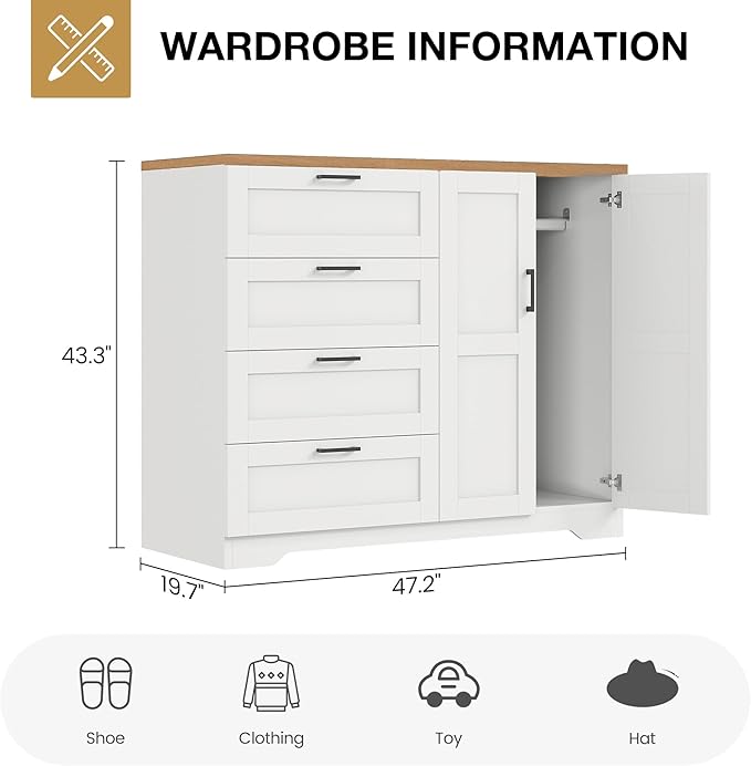 IDEALHOUSE 43.3'' H Armoire Wardrobe Closet with 4 Drawers and 2 Doors, Hanging Rod, Multifunctional Wooden Dresser with Storage Closet, Bathroom Cabinet for Bedroom, White