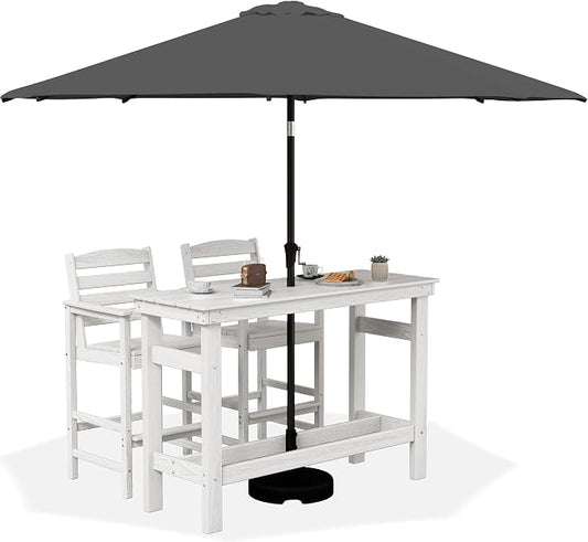 SERWALL Outdoor Bar Set with 9ft Umbrella, All-Weather HDPE Patio Bar Chairs and Table, Outdoor Furniture Set, White (Umbreall Base not Included) by SERWALL