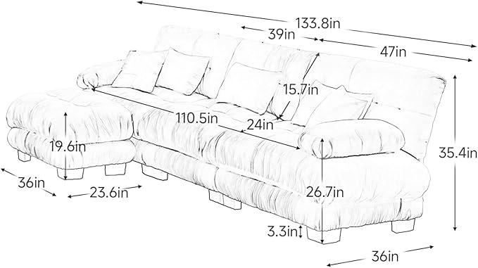 133.8" L-Shaped Cloud Couch, Oversized Modular Sectional Sofa, Deep Seat Cloud Boneless Couch, 3-Seat Modular Sectional Sofa with Ottoman or Living Room,Bedroom and Apartment, Pink