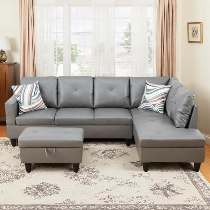 NicBex Modular L-Shaped Sectional Couches, 3-Piece Convertible Couch with Storage Ottoman, 4-Seat Comfy Sofa with Chaise for Living Room & Apartment, Dark Grey