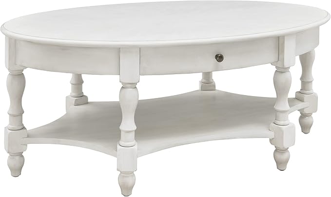 MODERION Coffee Table with Drawer, Solid Wood Oval Center Table with Storage Shelf, Traditional Living Room Table with Elegant Vintage Style, 45” x 27.6” x 18.2” Antique White KFZ2233RW
