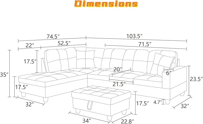 FONTOI L Shaped Sectional Couch with Otttoman, 97" Leather Sectional Sofa for Living Room Modular Couches with Cup Holders for Bedroom, Apartments, Light Grey