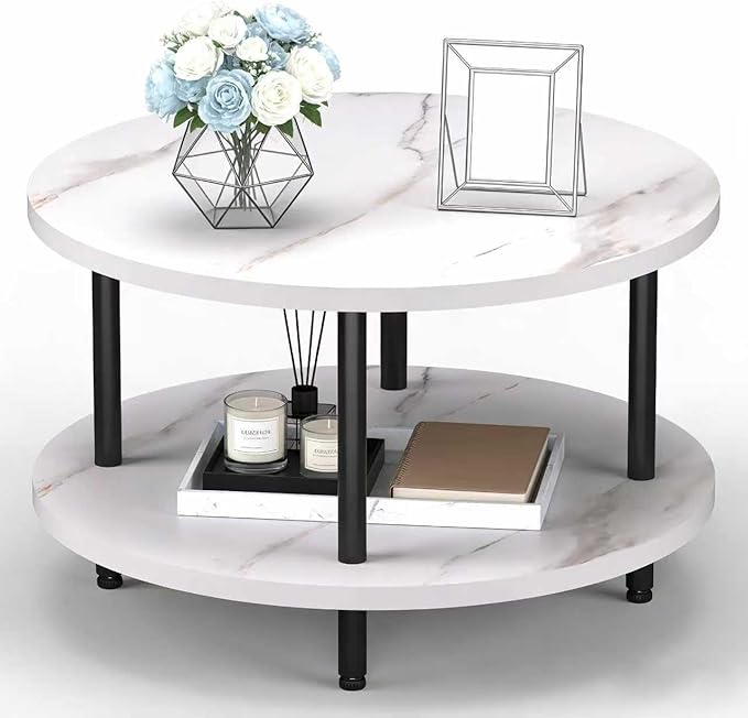 Round Coffee Table, 23.6" Circle Coffee Table for Living Room, 2-Tier Wood Accent Center Table with Open Storage Industrial Design Home Furniture, White