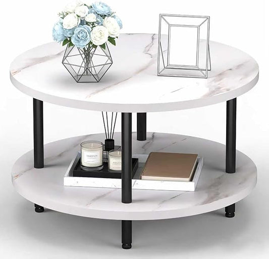 Round Coffee Table, 23.6" Circle Coffee Table for Living Room, 2-Tier Wood Accent Center Table with Open Storage Industrial Design Home Furniture, White