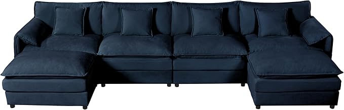 143-Inch U-Shaped Sectional Cloud Sofa Oversized Modular 6 Seaters Sofa Couch with 2 Ottoman Chaise and Pillow Armrest, Chenille Upholstered Convertible Cloud Couch