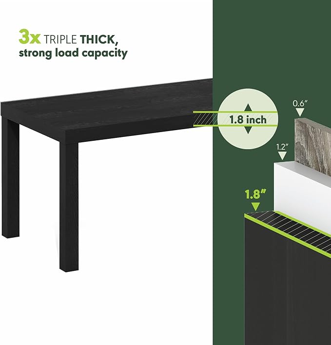 Furinno CLASSIC Coffee Table, Modern Rectangle Coffee Table with 1.8" Triple Thick Tabletop, Side Table, Toolless Assembly, for Living Room, Home Office, Black