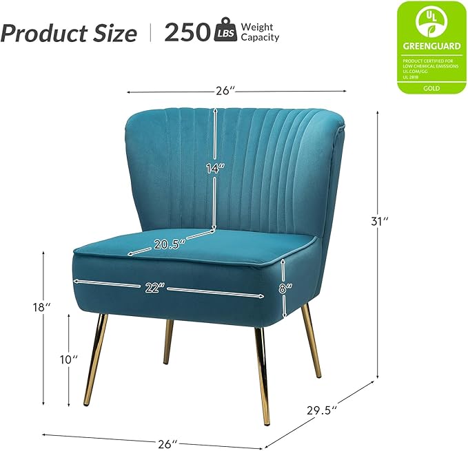 HULALA Home Velvet Accent Chair Set of 2, Modern Armless Upholstered Side Chair with Glam Gold Metal Legs for Vanity Living Room Bedroom - Blue