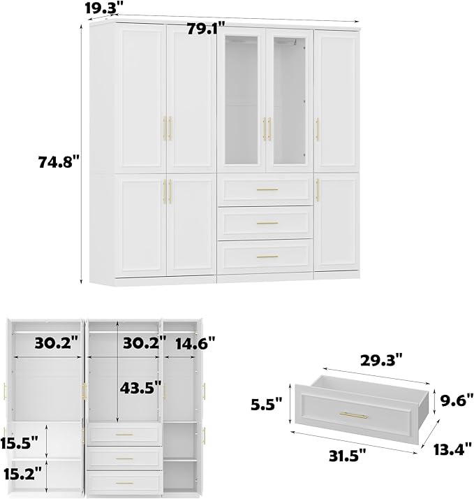 FUFU&GAGA Wardrobe Closet Collection with Doors, Modern White Bedroom Armoire System with Gold Handles, Modern Clothes Storage Cabinet with Drawers, Shelves, Hanging Rods, 79.1”W x 19.3”D x 74.8”H