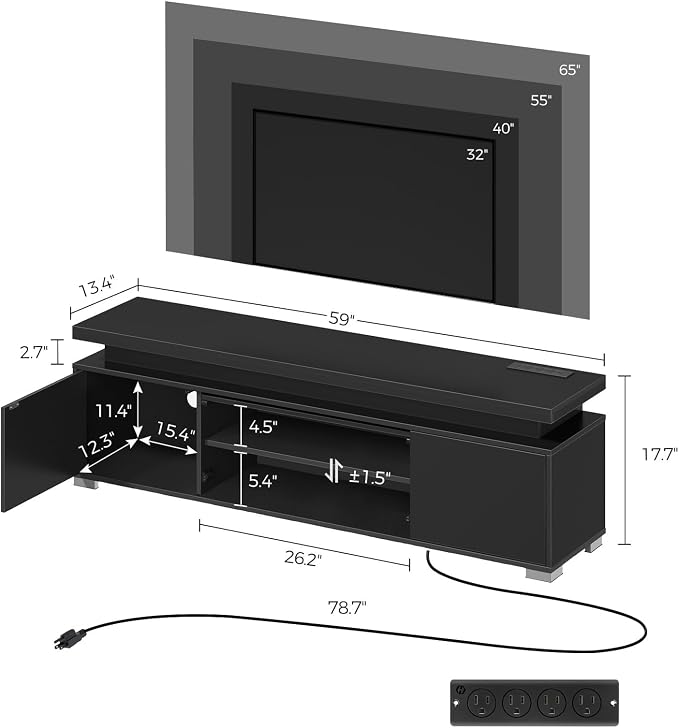 Rolanstar TV Stand with Power Outlet & LED Lights, Modern Entertainment Center for 32/43/50/55/65 Inchs TVs, TV Table, Universal Gaming LED TV Media Stand with Large Storage Cabinet, Black - Image 6