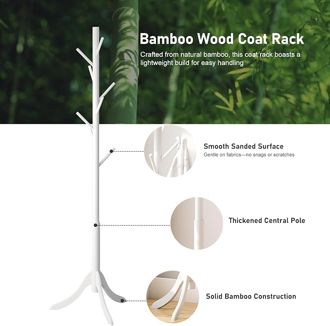 kiplant Coat Rack Stand with 8 Hooks, Adjustable Coat Standing Tree Easy Assembly for Coats, Hats, Scarves and Handbags for Entryway, Hallway, Bedroom, Office (Bamboo, White) - Image 4