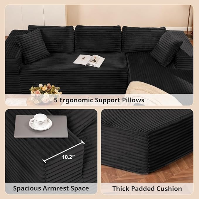 COMHOMA 105”Modular Sectional Sofa with Deep Seat,Cloud Upholstered L-Shape Couch Wide Arms Corduroy Fabric High-Density Foam Chaise Lounge for Living Room No Assembly Required