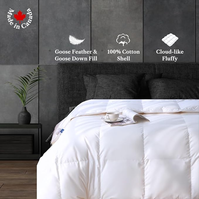 Royal Elite Luxurious Goose Feather Down Comforter King Size-Made in Canada White Goose Feather Down Duvet Insert-Luxury Hotel Comforter Oeko Tex Cotton Shell