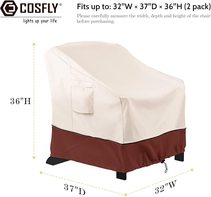 COSFLY Patio Furniture Covers 2 Pack, 600D Waterproof Outdoor Chair Covers for Deep Chairs, All-Weather UV Resistant Protection with Adjustable Straps & Air Vents, Fits up to 32" W x 37" D x 36" H - Image 2