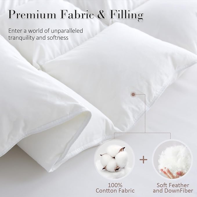 SHOUREN White Luxurious Goose Feather Down Fiber Comforter, All Season Hotel Collection Bed Comforter，Ultra Soft 100% Cotton Duvet Insert with Corner Tabs, King Size 106"x90"