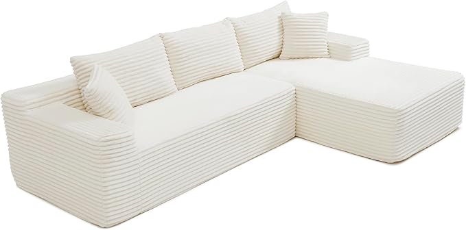 105-Inch L-Shaped Right Facing Corner Compressed Sofa Modular Sectional Boneless Cloud Sofa Floor Foam Couch with Chaise Lounge, Corduroy Corner Boneless Cloud Couch