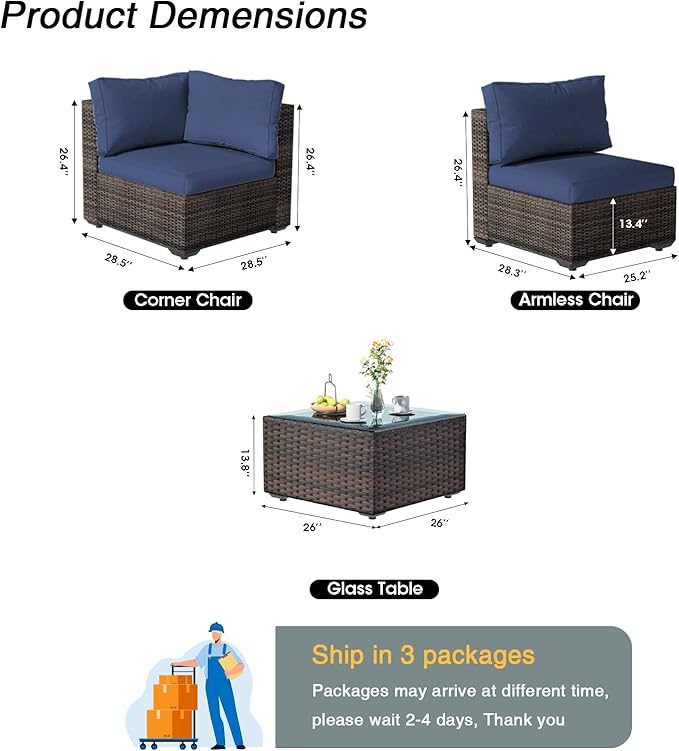 7 Pieces Patio Furniture Set, Rattan Outdoor Sectional Conversation Sets, All Weather Outdoor Furniture Set with Cushions for Garden Lawn Balcony Porch Deck Blue