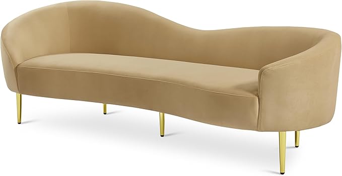 Meridian Furniture 659Camel-S Ritz Collection Modern | Contemporary Upholstered Sofa with Rich Camel Velvet, Gold Metal Legs, Curved Contemporary Design, 85.5" W x 31.75" D x 30.5" H, Camel