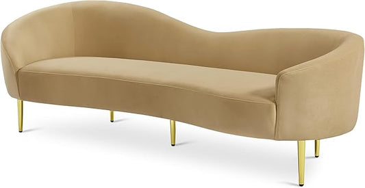Meridian Furniture 659Camel-S Ritz Collection Modern | Contemporary Upholstered Sofa with Rich Camel Velvet, Gold Metal Legs, Curved Contemporary Design, 85.5" W x 31.75" D x 30.5" H, Camel