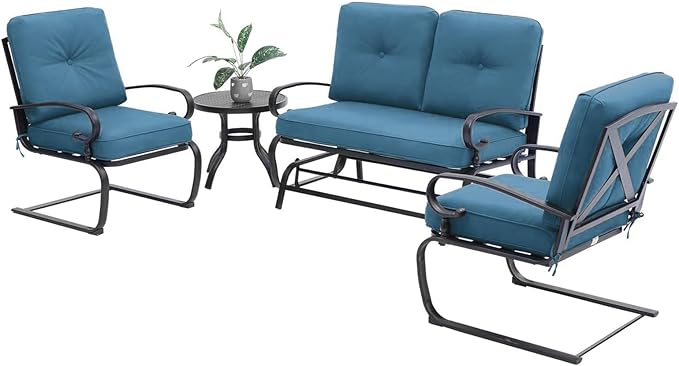 Oakcloud 4-Piece Outdoor Metal Furniture Sets Patio Conversation Set Wrought Iron Glider, 2 Spring Lounge Chairs and Round Side Table, Peacock Blue