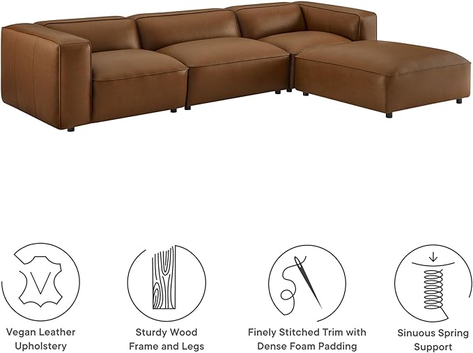 Modway Auren Vegan Leather 4 Piece Modular Sofa in Coffee - Faux Leather 3 Seater Sectional - Comfy Modern PU Leather Sofa with Ottoman - Oversized Mid Century Modern Couch for Living Room