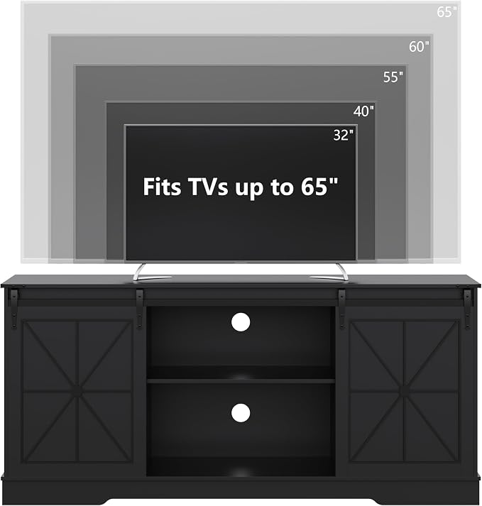Farmhouse TV Stand for 65/60/55 Inch Tvs, Rustic Entertainment Center with Storage Cabinets & Sliding Barn Doors, Modern Media Console Table, Wood Television Furniture for Living Room, Bedroom, Black - Image 2