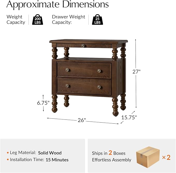 HULALA HOME 26" End Table with Charging Station, Transitional 2 Drawer Wood Endtable with Pull-Out Shelf and Open Storage Space, Large Side Table with Solid Wood Spindle Legs, Walnut - Image 2