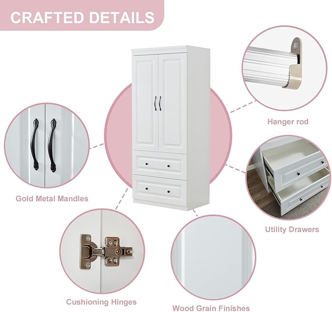 Wood Armoire Wardrobe Closet White Large Storage Clothes Cabinet Tall with 2 Doors, Wardrobe Cabinet with 2 Drawers, Armoires and Wardrobes with Hanging Rod and Shelves for Bedroom