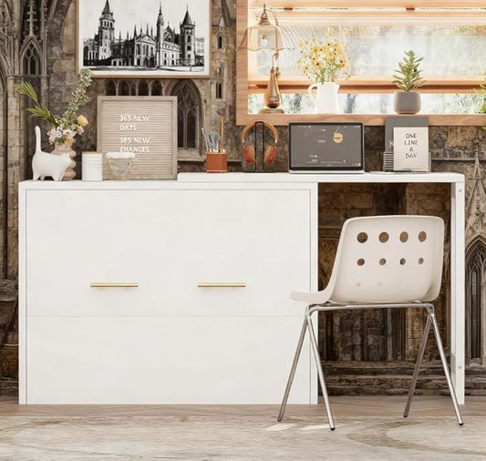 Bellemave Twin Size Murphy Bed, Cabinet Bed with Desk, Farmhouse Murphy Cabinet with Desk, Noisy Free, for Guest Bedroom, Living Room, Office, White