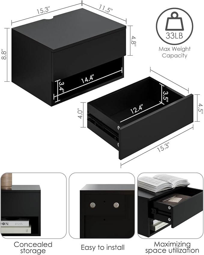 Floating Nightstand, Small Modern Floating Nightstand with Drawer, Floating Shelves for Bedroom, Bathroom (Black) - Image 2