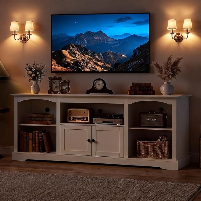 LUCKLIFE 71" TV Stand for TVs up to 80 Inch,Modern Farmhouse Entertainment Center with Arched Cabinet Doors & Open Adjustable Storage Shelves,Media Console Table for Living Room (White, 71 inch) - Image 9