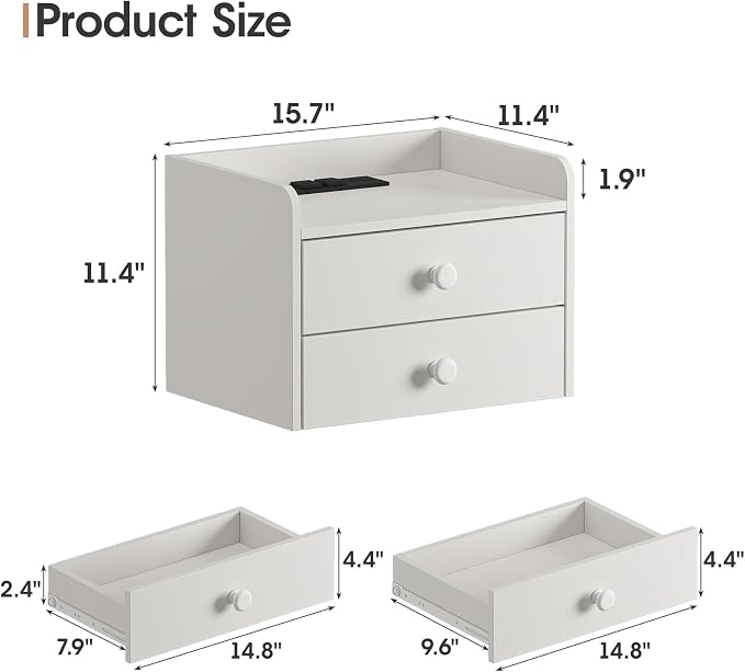 Floating Nightstand Set of 2 with 2 Storage Drawers and Charging Station Wood Wall Mounted Bedside End Table Modern Night Stands Set 2 for Bedroom,Small Space,White - Image 2