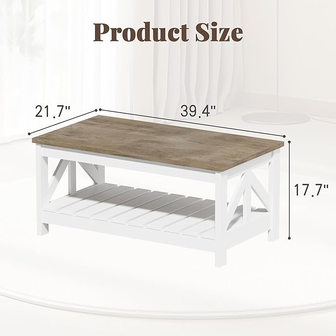 JUMMICO 39” Farmhouse Coffee Table for Living Room, 2-Tier Modern Living Room Table with Storage Shelf, Rustic Rectangular Center Table Space Saving Home Furniture (Gray & White)