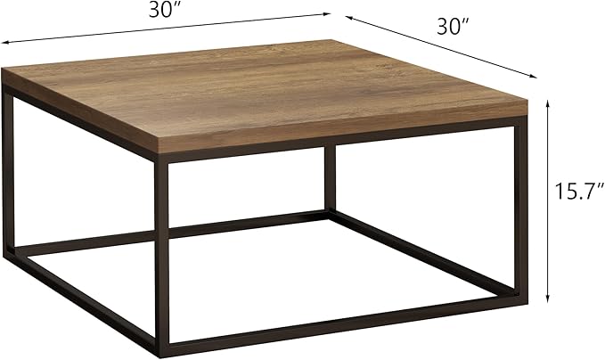 CENSI 30" Square Coffee Table, Walnut Wood Center Table for Living Room, Modern Industrial Metal Frame, Extra Thick 1.2" Top, Rustic Farmhouse Cocktail Table, Mid Century Style, Easy Assembly