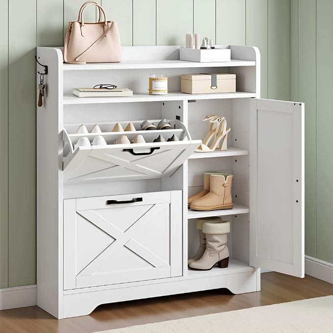 HOOBRO Slim Shoe Cabinet with 2 Flip Drawers & Side Storage, Narrow Shoe Storage Cabinet for Entryway, Wooden Shoe Organizer for Small Spaces, Adjustable Shelves, White WT90SC01US - Image 2