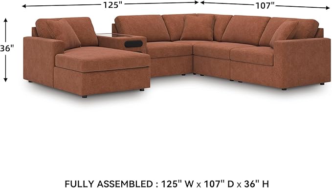 Signature Design by Ashley Modern Modmax Stain Resistant U-Shape Right-Arm Facing 6-Piece Sectional with Audio System and Chaise, Orange