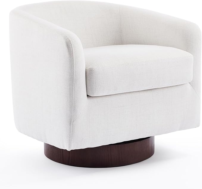 VINGLI 360°Swivel Accent Chair with Engineered Wood Base and Removable Cushion for Living Room, Bedroom, Curved Back Barrel Chair for Small Space, Upholstered Bucket Armchair, Linen Beige