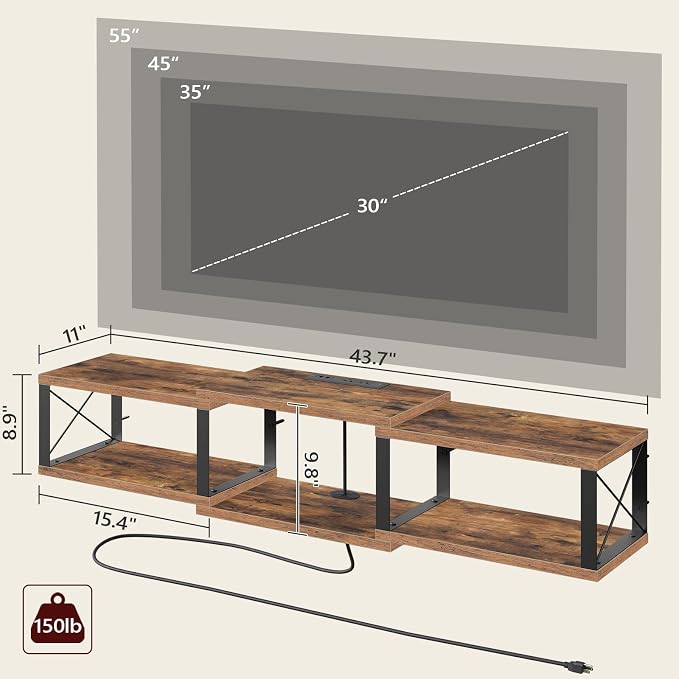 MAHANCRIS 43.7” Floating TV Stand with Power Outlet, Wall-Mounted Entertainment Center, Floating Metal Frame Media Console Shelf for Under TV Storage, for Living Room, Bedroom, Rustic Brown TVHR101E01 - Image 3