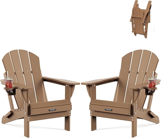 MUCHENGHY Folding Adirondack Chairs Set of 2, Patio Chairs, Lawn Chairs, Outdoor Chair, Adirondack Chair Plastic, Fire Pit Chairs, Weather Resistant with Cup Holder for Deck, Backyard, Garden(Teak) by MUCHENGHY