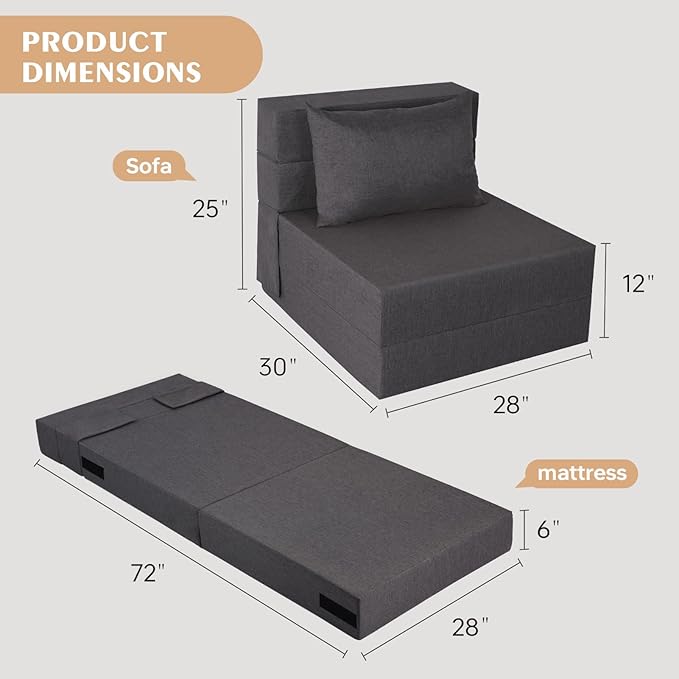 Folding Sofa Bed, Foldable Sleeper Chair with Washable Cover, Convertible Futon Sofa Bed with Pillow, Fold Out Couch for Living Room, Dorm, Guest Room, Single Size, Dark Grey