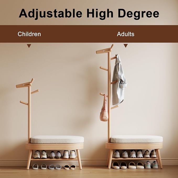 AQIMUELE Entryway Shoe Rack with Coat Rack, Wooden Shoe Bench with Upholstered Cushion, 3-in-1, 2-Tier Shoe Storage and Cute Animal Hooks for Entryway, Hallway, Closet (Natural 32.2") - Image 7