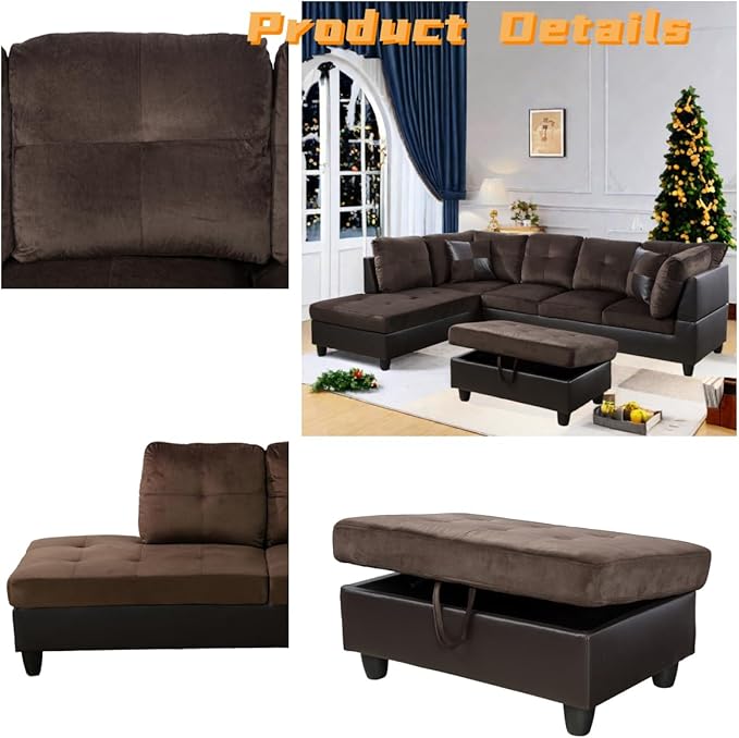 FONTOI L Shaped Sectional Couch with Otttoman, 103" Sectional Sofa for Living Room Flannel Modular Couches with Cup Holders for Bedroom, Apartments, Brown