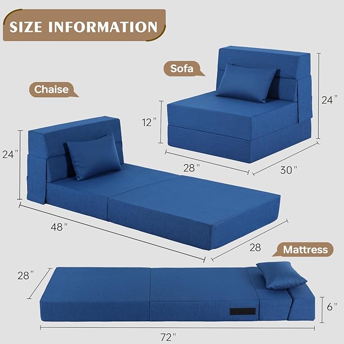 Folding Sofa Bed, Foldable Sleeper Chair with Pillow, Convertible Fold Out Chair Bed with Washable Cover, Foldable Mattress for Living Room, Bedroom, Guest Room, Single Size, Blue