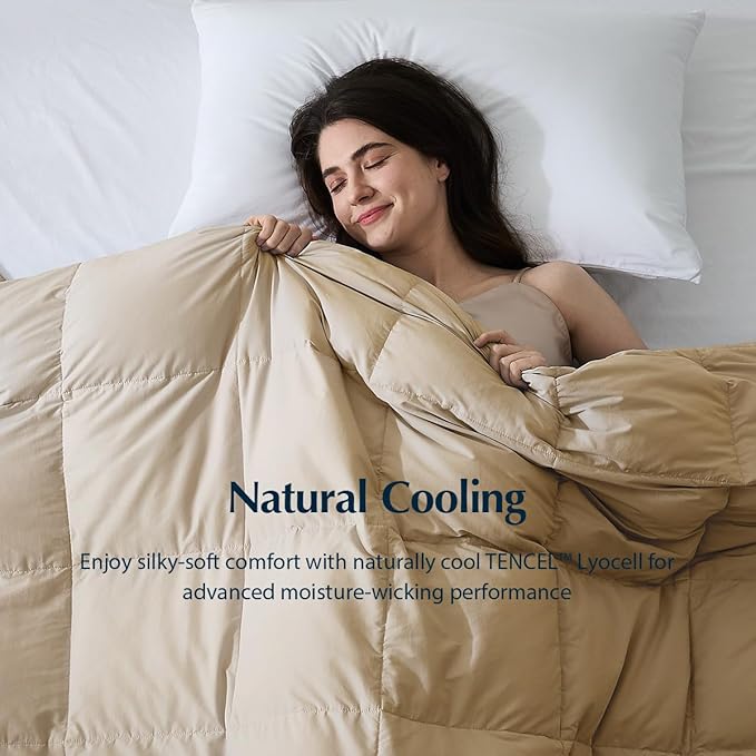 Pacific Coast Summer Goose Feather and Down Fiber Comforter Queen Size, Breathable Duvet Insert for Summer and Hot Sleepers, Natural Cooling Tencel Lyocell Shell, 8 Corner Tabs, Khaki Brown, 90x90