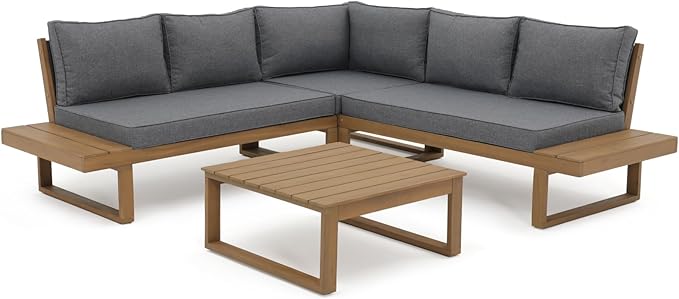 Soleil Jardin 4 Piece Acacia Wood Patio Furniture L-Shaped Outdoor Sectional Sofa Set with Coffee Table, FSC Certified Conversation Set with Built-in Side Table and Grey Cushions for Garden