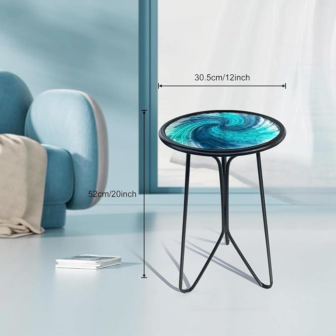 LIFFY Patio Side Table, Small Round End Table, Metal Side Table Outdoor, Small Porch Table for Indoor Balcony Furniture Decor (Blue Glass 12inch) - Image 3