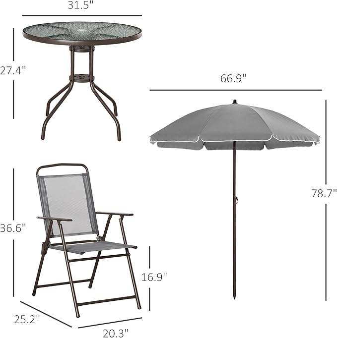 Outsunny 6 Piece Patio Dining Set for 4 with Umbrella, Outdoor Table and Chairs with 4 Folding Dining Chairs & Round Glass Table for Garden, Backyard and Poolside, Gray - Image 7