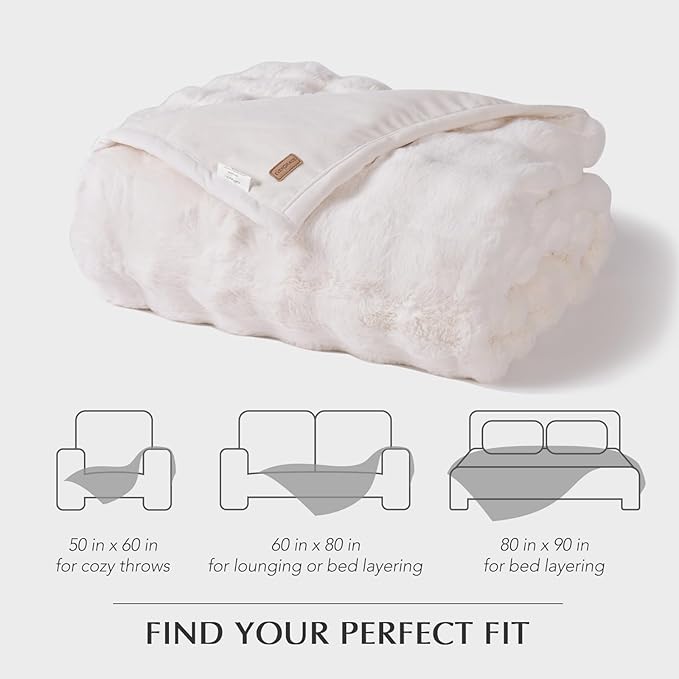 EverGrace Ultra Soft Luxury Fluffy Faux Rabbit Fur Throw Blanket, Thick Warm Bubble Throw for Bed, Cozy Plush Reversible Blankets for Couch, Chair, Sofa, Ivory White, 50x60 Inches
