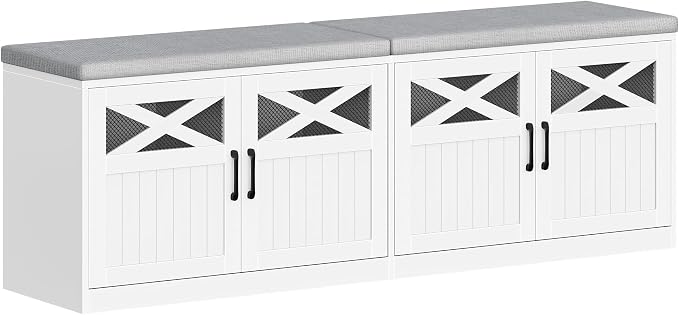 Hzuaneri 2 Tier Shoe Storage Bench with Doors, 59" Farmhouse Shoe Bench with Padded Cushion, 12-16 Pairs of Bed End Bench, Entryway Bench with Storage for Bedroom, Living Room, White SB61503X by Hzuaneri