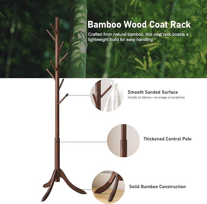 kiplant Bamboo Wood Coat Rack Stand, Freestanding Coat Tree with 8 Hooks, Hallway Entryway Hat Hanger Organizer Standing for Bedroom, Office, Clothes, Jackets, Bags, Umbrallas - Image 2